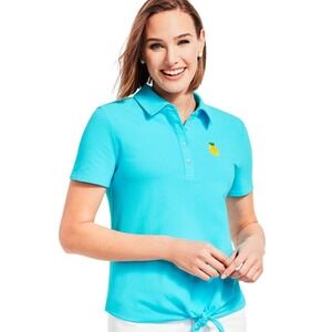 Talbots Womens Blue Pineapple Beadeded Polo Shirt Tie Front Short Sleeve Size L